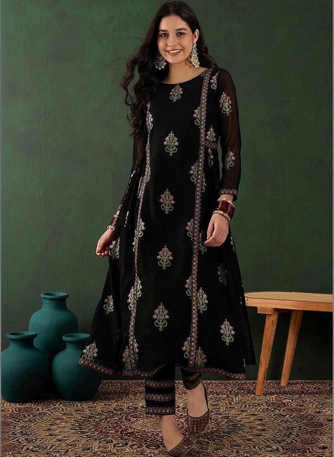 Women Basket HERE&NOW Women Ethnic Motifs Embroidered Panelled Thread Work Kurta with Trousers - Image 2